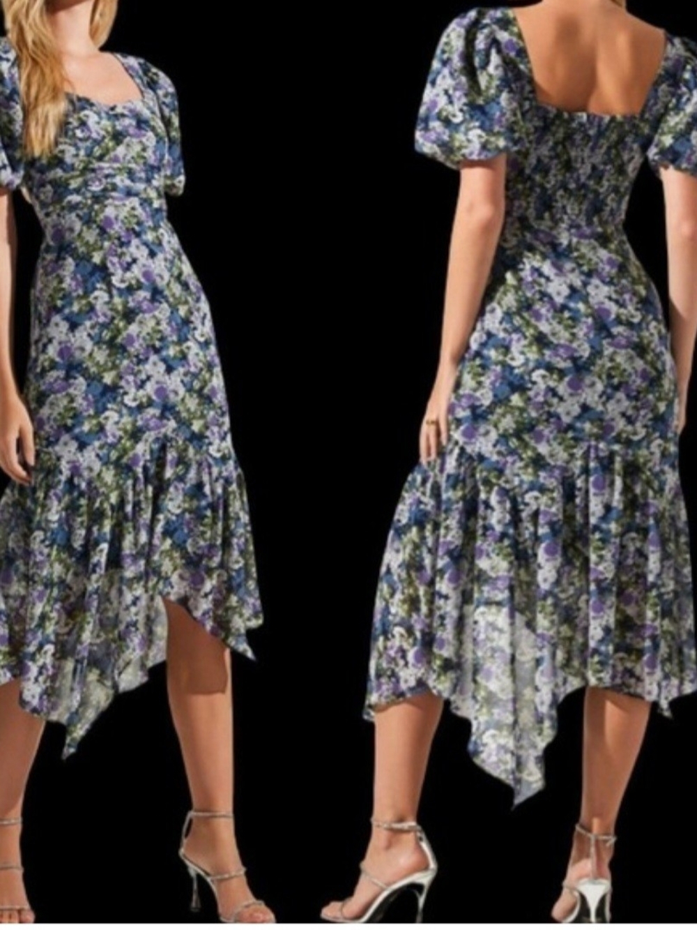 Beautiful, Elegant Astr Asymmetrical Floral Midi Dress. Like New. Size L.